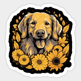 A Golden Retriever surrounded with Sunflowers, illustration Sticker